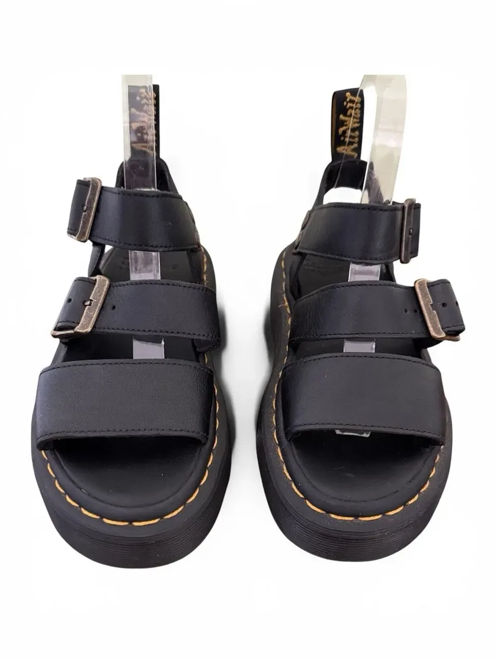 Dr. Martens Gryphon Black Pisa Leather Quad Platform Sandals Womens Size 5 EU 36